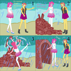 Size: 2000x2000 | Tagged: safe, artist:lzh, character:pinkie pie, character:sunset shimmer, old master q, my little pony:equestria girls, comic, fast, female, hole, impossible, rain, rock, stone