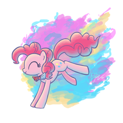 Size: 1440x1440 | Tagged: safe, artist:creamy_roux, character:pinkie pie, species:earth pony, species:pony, bow tie, bucking, colored background, cute, diapinkes, eyes closed, female, happy, jumping, mare, png, profile, signature, simple background, smiling, solo, transparent background