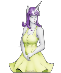 Size: 1024x1229 | Tagged: safe, artist:bunnynha, character:twilight velvet, species:human, clothing, deviantart watermark, dress, female, horn, horned humanization, humanized, obtrusive watermark, pony coloring, pony ears, simple background, solo, transparent background, watermark