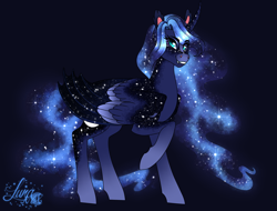 Size: 1886x1432 | Tagged: safe, artist:djspark3, character:princess luna, species:alicorn, species:pony, blue background, curved horn, ethereal mane, fangs, female, galaxy mane, galaxy tail, horn, hybrid wings, mare, redesign, simple background, slit eyes, smiling, solo, wings