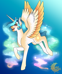 Size: 1546x1840 | Tagged: safe, artist:djspark3, character:princess celestia, species:alicorn, species:pony, blaze (coat marking), blue background, colored wings, ethereal mane, female, galloping, hair over one eye, mare, multicolored wings, redesign, simple background, smiling, solo, star (coat marking), wings
