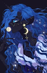 Size: 1024x1580 | Tagged: safe, artist:xieyanbbb, character:princess luna, species:alicorn, species:human, species:pony, clothing, constellation, constellation freckles, crescent moon, dark skin, dress, ear piercing, eared humanization, earring, female, freckles, horn, horned humanization, humanized, jewelry, moon, nail polish, open mouth, piercing, profile, solo, stars