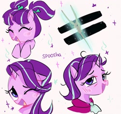 Size: 2048x1920 | Tagged: safe, artist:spoosha, character:starlight glimmer, species:pony, species:unicorn, age progression, blushing, clothing, equal cutie mark, female, filly, filly starlight glimmer, laughing, older, older starlight glimmer, one eye closed, pigtails, solo, staff, staff of sameness, wink, younger