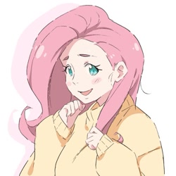 Size: 1077x1077 | Tagged: safe, artist:tomoe-chi, character:fluttershy, species:human, bust, clothing, cute, female, humanized, looking at you, open mouth, redraw, shyabetes, simple background, solo, sweater, sweatershy, white background