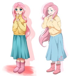 Size: 1077x1077 | Tagged: safe, artist:tomoe-chi, character:fluttershy, species:human, boots, clothing, comparison, cute, cutie mark, cutie mark on clothes, female, humanized, long skirt, redraw, shoes, shyabetes, simple background, skirt, solo, sweater, sweatershy