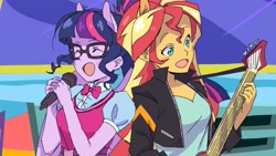 Size: 4096x2304 | Tagged: safe, artist:tomoe-chi, character:sunset shimmer, character:twilight sparkle, character:twilight sparkle (scitwi), species:eqg human, my little pony:equestria girls, female, guitar, microphone, musical instrument, ponied up, scene interpretation