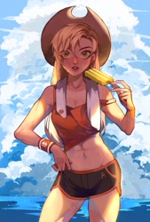 Size: 1378x2039 | Tagged: safe, artist:xieyanbbb, character:applejack, species:human, abs, applejack's hat, beach, belly button, clothing, cloud, cowboy hat, female, food, freckles, hat, humanized, ice cream, looking at you, popsicle, sky, solo, summer, water
