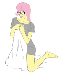 Size: 550x684 | Tagged: safe, artist:lzh, character:fluttershy, species:human, my little pony:equestria girls, bottomless, clothing, cover, female, glasses, kneeling, looking at you, partial nudity, shirt, simple background, t-shirt