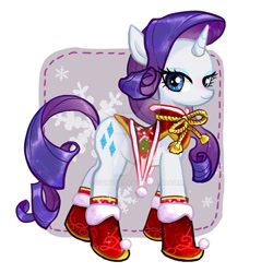 Size: 1024x1024 | Tagged: safe, artist:han_hyui, character:rarity, species:pony, species:unicorn, abstract background, boots, christmas, cute, deviantart watermark, female, holiday, looking at you, mare, obtrusive watermark, raribetes, saddle, shoes, snow, snowflake, solo, tack, watermark