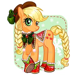 Size: 1024x1024 | Tagged: safe, artist:han_hyui, character:applejack, species:earth pony, species:pony, abstract background, bow, braid, braided tail, christmas, clothing, cowboy hat, cute, female, hat, holiday, jackabetes, looking at you, mare, snow, snowflake, solo