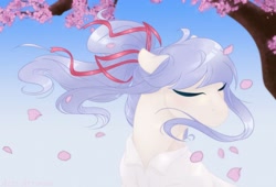 Size: 1920x1306 | Tagged: safe, artist:acry-artwork, oc, oc only, oc:alexis, species:earth pony, species:pony, bow, cherry blossoms, clothing, eyes closed, female, flower, flower blossom, mare, petals, solo, tree