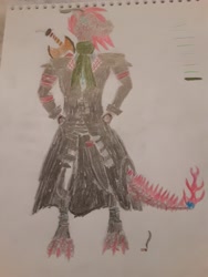 Size: 2448x3264 | Tagged: safe, artist:makarosc, oc, oc:scorch ember, species:anthro, species:dragon, species:longma, anthro oc, cigarette, clothing, fire pony, horns, hybrid, solo, sword, traditional art, trenchcoat, weapon