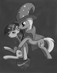 Size: 894x1147 | Tagged: safe, alternate version, artist:vabla, character:trixie, character:twilight sparkle, ship:twixie, female, grayscale, lesbian, monochrome, shipping
