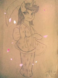 Size: 1080x1461 | Tagged: safe, artist:lzh, oc, oc only, species:pony, species:unicorn, clothing, female, kimono (clothing), looking at you, paper, petal, solo, standing pony, traditional art, umbrella