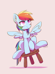 Size: 768x1024 | Tagged: safe, artist:yorozpony, character:rainbow dash, species:pegasus, species:pony, episode:testing testing 1-2-3, g4, my little pony: friendship is magic, chair, ear fluff, female, mare, pink background, simple background, sitting, solo, stool, stooldash