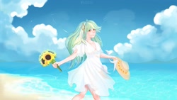 Size: 2560x1440 | Tagged: safe, artist:melloncollie-chan, character:lyra heartstrings, species:human, beach, clothing, flower, hat, humanized, summer dress, sunflower