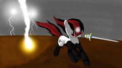 Size: 3840x2160 | Tagged: safe, artist:astralr, oc, oc only, oc:blackjack, species:pony, species:unicorn, fallout equestria, fallout equestria: project horizons, cloud, cloudy, cyborg, fanfic art, female, lightning, mare, rain, running, solo, sword, wasteland, weapon