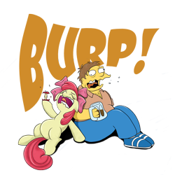 Size: 1500x1500 | Tagged: dead source, safe, artist:cyb3rwaste, character:apple bloom, alcohol, apple, barney gumble, beer, burp, crossover, the simpsons