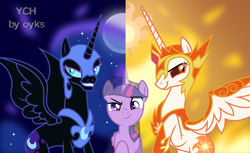 Size: 1600x980 | Tagged: safe, artist:oyks, character:daybreaker, character:nightmare moon, character:princess celestia, character:princess luna, character:twilight sparkle, character:twilight sparkle (alicorn), species:alicorn, species:pony, commission, ethereal mane, female, galaxy mane, helmet, hoof shoes, mane of fire, mare, peytral, slit pupils, trio, your character here