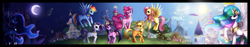 Size: 4500x850 | Tagged: safe, artist:felynea, character:apple bloom, character:applejack, character:bon bon, character:carrot top, character:cheerilee, character:derpy hooves, character:dinky hooves, character:dj pon-3, character:doctor whooves, character:fluttershy, character:golden harvest, character:lyra heartstrings, character:mayor mare, character:minuette, character:octavia melody, character:photo finish, character:pinkie pie, character:princess celestia, character:princess luna, character:rainbow dash, character:rarity, character:scootaloo, character:sweetie belle, character:sweetie drops, character:time turner, character:trixie, character:twilight sparkle, character:twilight sparkle (unicorn), character:vinyl scratch, species:pony, species:unicorn, carousel boutique, cutie mark crusaders, day night cycle, day night shift, element of generosity, element of honesty, element of kindness, element of laughter, element of loyalty, element of magic, elements of harmony, golden oaks library, mane six, moon, panorama, ponyville, sun, town hall, wall of tags, wonderbolts