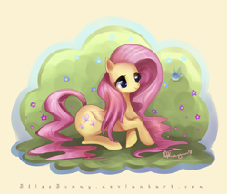 Size: 800x684 | Tagged: dead source, safe, artist:felynea, character:fluttershy, species:bird, species:pegasus, species:pony, female, flower, folded wings, lying down, mare, prone, signature, simple background, smiling, solo, url, watermark, wings, yellow background