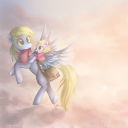 Size: 1000x1000 | Tagged: safe, artist:felynea, character:derpy hooves, character:dinky hooves, species:pegasus, species:pony, bag, clothing, duo, equestria's best mother, female, flying, mare, mother and daughter, ponies riding ponies, riding, scarf