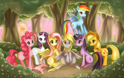 Size: 1200x758 | Tagged: safe, artist:felynea, character:applejack, character:derpy hooves, character:fluttershy, character:pinkie pie, character:rainbow dash, character:rarity, character:twilight sparkle, species:pegasus, species:pony, balloon, female, heart, mane six, mare, tree