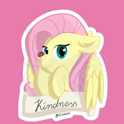 Size: 2000x2000 | Tagged: safe, artist:exobass, character:fluttershy, species:pegasus, species:pony, blushing, bust, element of kindness, female, floppy ears, hooves to the chest, insect on nose, kindness, looking at you, mare, obtrusive watermark, old banner, outline, pink background, simple background, smiling, solo, sticker, three quarter view, watermark, white outline, wings