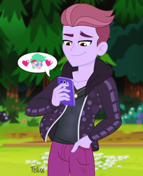 Size: 2952x3609 | Tagged: safe, artist:felux, my little pony:equestria girls, abs, alternate clothes, clothing, cute, duke suave, emoji, emoticon, everfree forest, gay, happy, heart, hoodie, lemon zack, lemonduke, male, pants, phone, pictogram, shipping, show accurate, smiling, smirk, texting