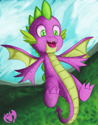 Size: 3300x4200 | Tagged: safe, artist:kenisu-of-dragons, character:spike, species:dragon, episode:molt down, g4, my little pony: friendship is magic, cute, happy, high res, male, sky, solo, spikabetes, winged spike