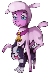 Size: 4400x6400 | Tagged: safe, artist:kenisu-of-dragons, community related, character:pom lamb, species:dog, species:sheep, them's fightin' herds, absurd resolution, bell, cloven hooves, collar, duo, female, lamb, simple background, tongue out, transparent background