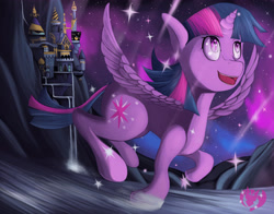 Size: 4200x3300 | Tagged: safe, artist:kenisu-of-dragons, character:twilight sparkle, character:twilight sparkle (alicorn), species:alicorn, species:pony, canterlot castle, cute, female, flying, high res, mare, solo, stars, twiabetes, wings
