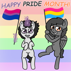 Size: 1460x1460 | Tagged: safe, artist:perplexia, oc, oc only, oc:charcoal, oc:perplexia, species:pegasus, species:pony, species:unicorn, bipedal, bisexual, bisexual pride flag, female, flag, holding, hoof hold, horn, looking at you, magic, male, mare, pansexual, pansexual pride flag, pride, pride flag, pride month, rainbow background, raised leg, simple background, smiling, stallion, standing, standing on one leg, text, wings