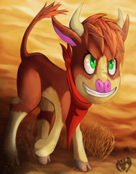 Size: 3300x4200 | Tagged: safe, artist:kenisu-of-dragons, character:arizona cow, species:cow, them's fightin' herds, badass, bandana, cloven hooves, desert, female, high res, looking at you, solo