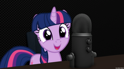 Size: 2560x1438 | Tagged: safe, artist:faze-alan-mskull2019, character:twilight sparkle, character:twilight sparkle (unicorn), species:pony, species:unicorn, asmr, cute, female, irl, looking at you, mare, microphone, photo, ponies in real life, smiling, solo, talking, twiabetes