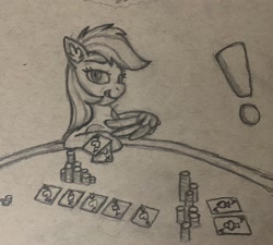 Size: 2660x2395 | Tagged: safe, artist:vaser888, character:rainbow dash, species:pony, newbie artist training grounds, atg 2020, card, casino, exclamation point, female, gambling, monochrome, smiling, smirk, solo, traditional art