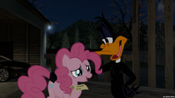 Size: 2560x1438 | Tagged: safe, artist:faze-alan-mskull2019, character:pinkie pie, species:pony, car, crossover, female, irl, looney tunes, mare, night, photo, ponies in real life, smiling, solo, teary eyes, tesla