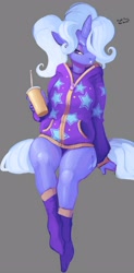 Size: 1508x3055 | Tagged: safe, artist:spaboofy, gameloft, character:trixie, species:anthro, species:plantigrade anthro, species:unicorn, g4, alternate hairstyle, babysitter trixie, bottomless, clothing, female, gameloft interpretation, gray background, hair over one eye, hoodie, legs, mare, missing shoes, partial nudity, simple background, sitting, socks, solo