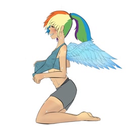 Size: 1280x1280 | Tagged: safe, artist:techgear, character:rainbow dash, species:human, abs, barefoot, delicious flat chest, feet, female, humanized, rainbow flat, solo, sweat, tan lines