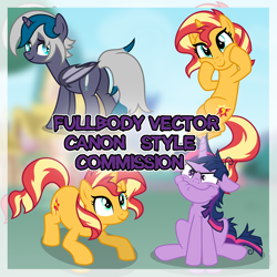Size: 2000x2000 | Tagged: safe, artist:oyks, character:sunset shimmer, character:twilight sparkle, character:twilight sparkle (alicorn), oc, oc:elizabat stormfeather, species:alicorn, species:bat pony, species:pony, species:unicorn, advertisement, alicorn oc, any gender, any race, bat pony alicorn, bat pony oc, bat wings, commission, commission info, faec, female, horn, mare, simple background, vector, wings