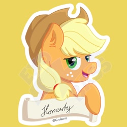 Size: 2000x2000 | Tagged: safe, artist:exobass, character:applejack, species:earth pony, species:pony, bust, clothing, cute, element of honesty, female, hat, honesty, jackabetes, looking at you, obtrusive watermark, old banner, outline, simple background, solo, watermark, white outline, yellow background