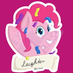 Size: 2000x2000 | Tagged: safe, artist:exobass, character:pinkamena diane pie, character:pinkie pie, confetti, cute, diapinkes, element of laughter, female, laughing, outline, pink background, simple background, smiling, solo, sticker, white outline