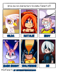 Size: 857x1024 | Tagged: safe, artist:superhypersonic2000, character:gilda, species:anthro, species:griffon, species:human, species:rabbit, 2b, animal, armor, babs bunny, blindfold, bust, clothing, costume, crossover, ed edd n eddy, eddy, epic battle fantasy, female, grin, male, mask, metal claws, natalie (epic battle fantasy), nier: automata, robot, six fanarts, smiling, wolverine, x-men