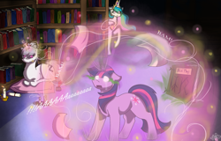 Size: 1554x997 | Tagged: safe, artist:scarletsfeed, character:princess celestia, character:twilight sparkle, character:twilight sparkle (unicorn), oc, oc:flare, species:alicorn, species:pony, species:unicorn, series:memory days, book, bookshelf, candle, candlestick, dark magic, glowing eyes, glowing horn, horn, library, magic, sombra eyes, story included, trio