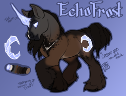 Size: 4283x3264 | Tagged: safe, artist:bagelbytes, oc, oc:echofrost, species:pony, species:unicorn, augmented horn, hoof fluff, horn, long feather, long mane, reference sheet, short tail
