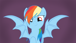 Size: 1920x1080 | Tagged: safe, artist:kazamacat, character:rainbow dash, species:bat pony, species:pony, fanfic:the master mev, g4, bat ponified, bat wings, fanfic art, female, looking at you, mare, race swap, rainbowbat, red eyes, show accurate, simple background, smiling, smirk, solo, spread wings, vampire, vampony, wings