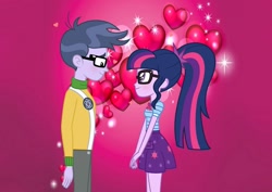 Size: 1280x907 | Tagged: safe, artist:supersamyoshi, character:microchips, character:twilight sparkle, character:twilight sparkle (scitwi), species:eqg human, ship:microlight, my little pony:equestria girls, clothing, female, glasses, heart, love, male, shipping, skirt, straight