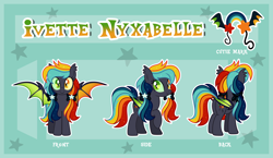 Size: 4100x2370 | Tagged: safe, artist:oyks, oc, oc:ivette nyxabelle, species:bat pony, bat pony oc, bat wings, bow, reference, reference sheet, vector, wings