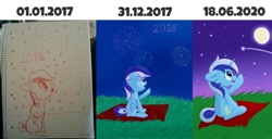 Size: 1374x702 | Tagged: safe, artist:exobass, character:minuette, species:pony, species:unicorn, female, fireworks, floppy ears, graph paper, improvement, moon, night, redraw, sky, solo, stars, traditional art