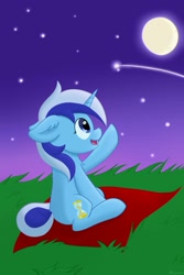 Size: 1181x1771 | Tagged: safe, artist:exobass, character:minuette, species:pony, species:unicorn, female, moon, night, pointing, shooting star, sky, solo